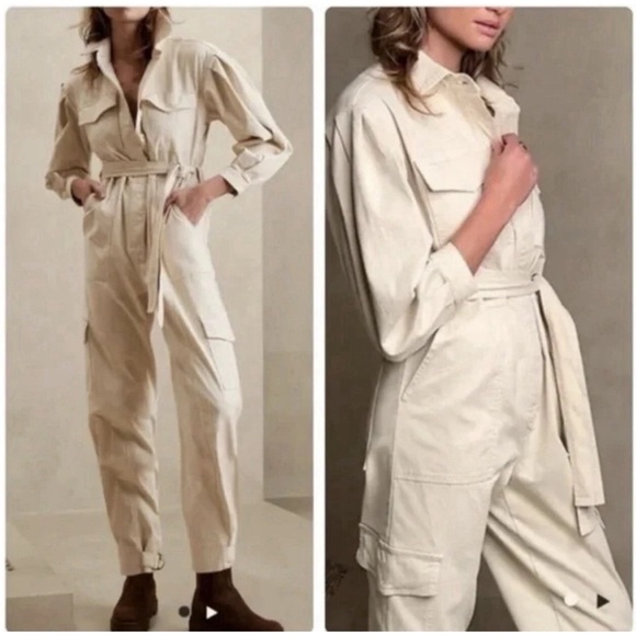 NEW Banana Republic Moleskin Flightsuit Jumpsuit Beige SMALL Womens $190 - Picture 2 of 13